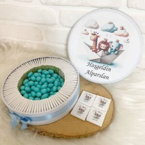 100 Adet+200 Gr Drajeli Gemide Safari Hayvanları Temalı İsme Özel Hoşgeldin Erkek Bebek Hediyelik Çikolata