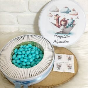 100 Adet+200 Gr Drajeli Gemide Safari Hayvanları Temalı İsme Özel Hoşgeldin Erkek Bebek Hediyelik Çikolata