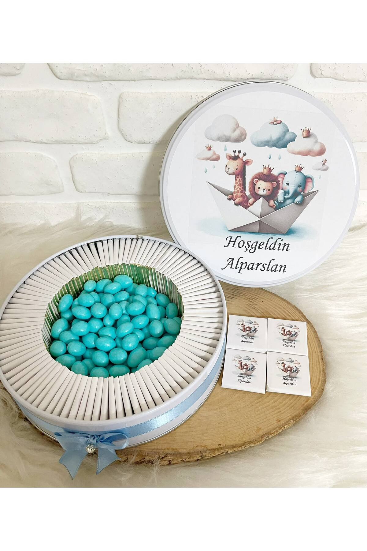 150 Adet+200 Gr Drajeli Gemide Safari Hayvanları Temalı İsme Özel Hoşgeldin Erkek Bebek Hediyelik Çikolata - Görsel 2