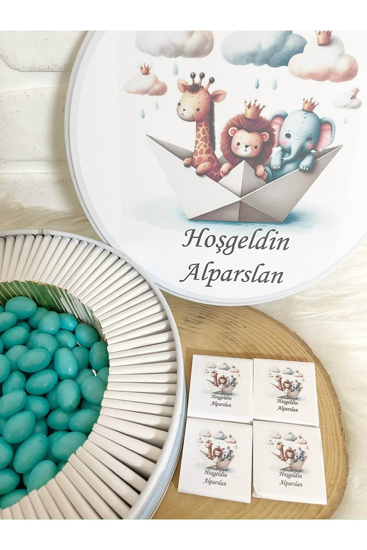 150 Adet+200 Gr Drajeli Gemide Safari Hayvanları Temalı İsme Özel Hoşgeldin Erkek Bebek Hediyelik Çikolata - Görsel 3