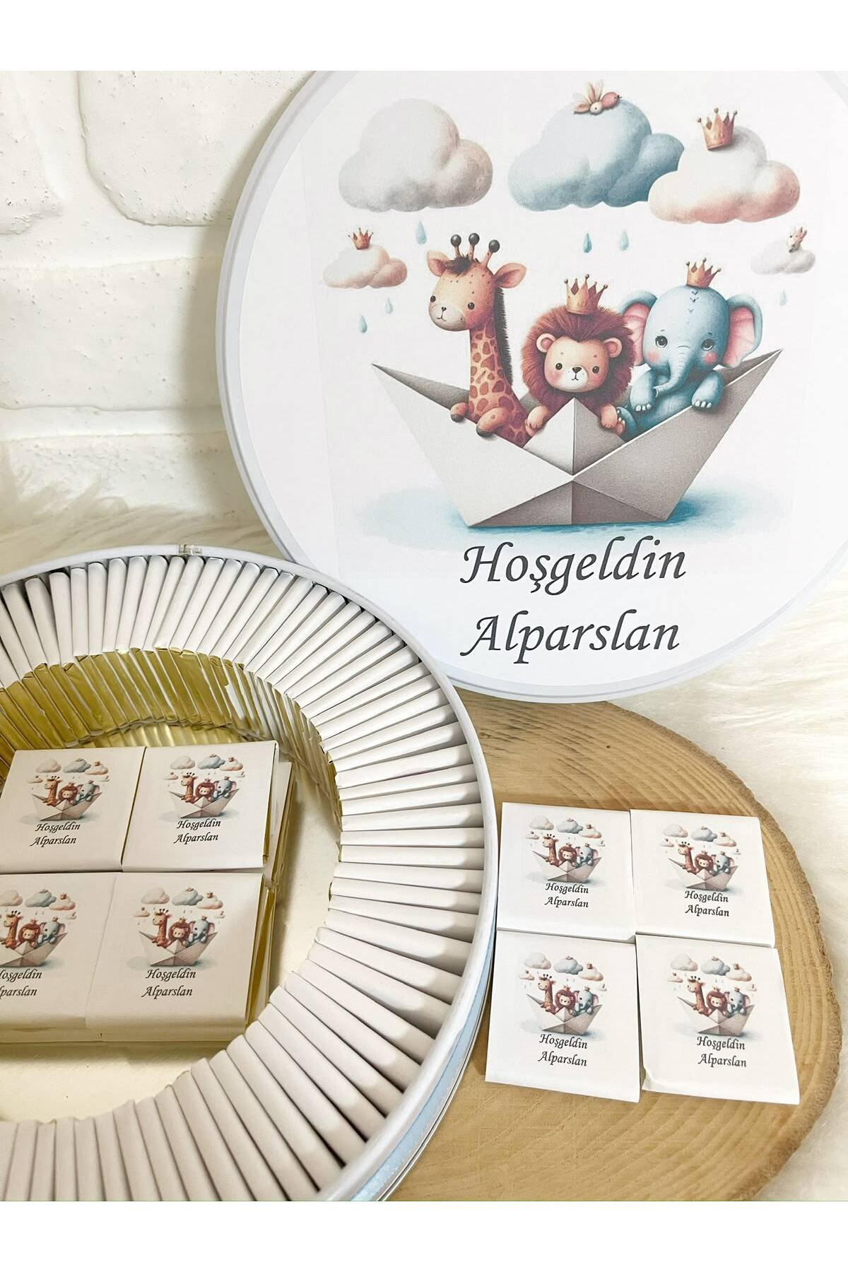 100 Adet Gemide Safari Hayvanları Temalı İsme Özel Hoşgeldin Erkek Bebek Hediyelik Çikolata - Görsel 3