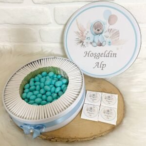 100 Adet+200 Gr Drajeli Çiçekli Ayıcık Temalı İsme Özel Hoşgeldin Erkek Bebek Hediyelik Çikolata