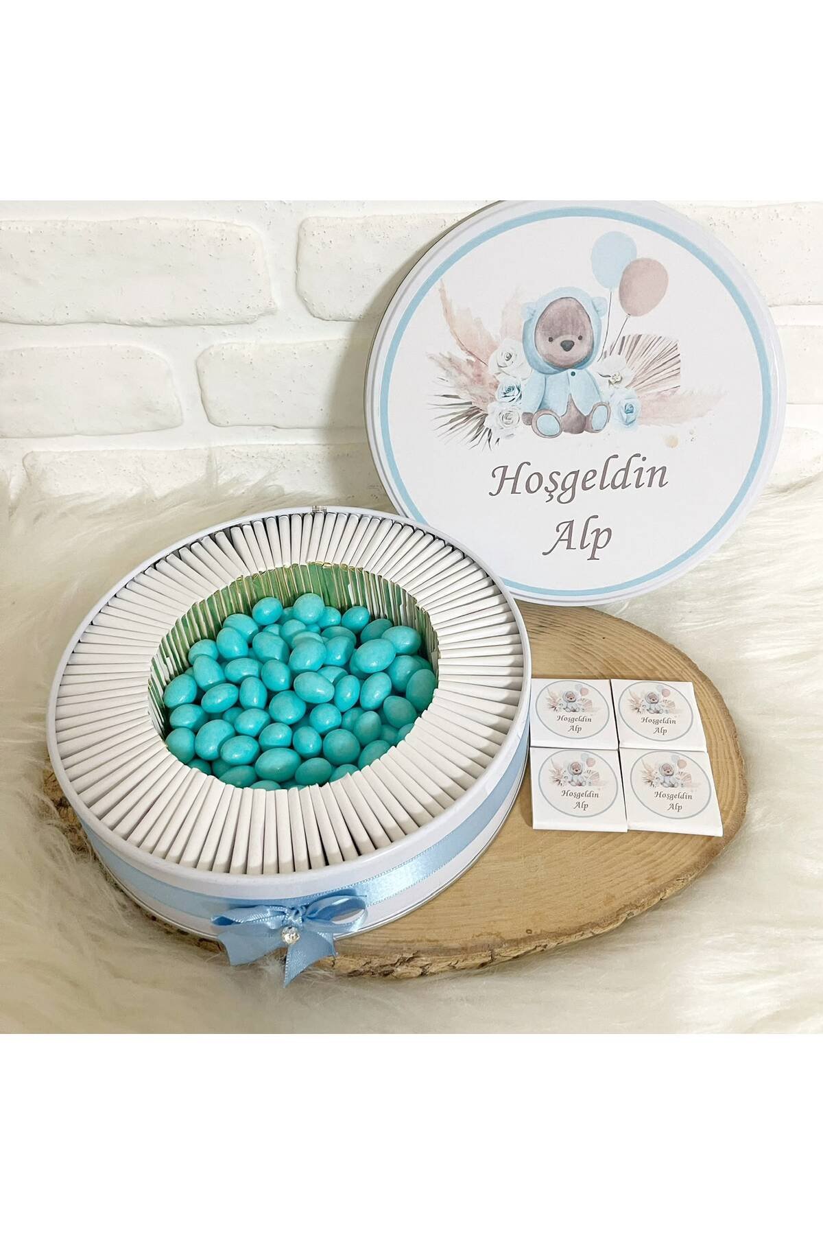 200 Adet+200 Gr Drajeli Çiçekli Ayıcık Temalı İsme Özel Hoşgeldin Erkek Bebek Hediyelik Çikolata - Görsel 2