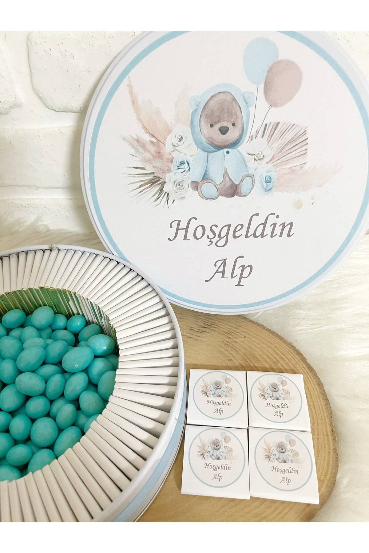 200 Adet+200 Gr Drajeli Çiçekli Ayıcık Temalı İsme Özel Hoşgeldin Erkek Bebek Hediyelik Çikolata - Görsel 3