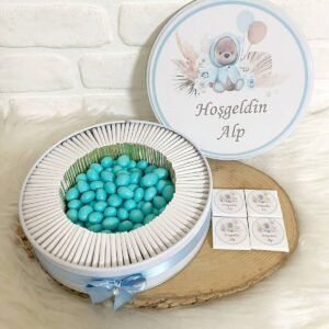 150 Adet+200 Gr Drajeli Çiçekli Ayıcık Temalı İsme Özel Hoşgeldin Erkek Bebek Hediyelik Çikolata