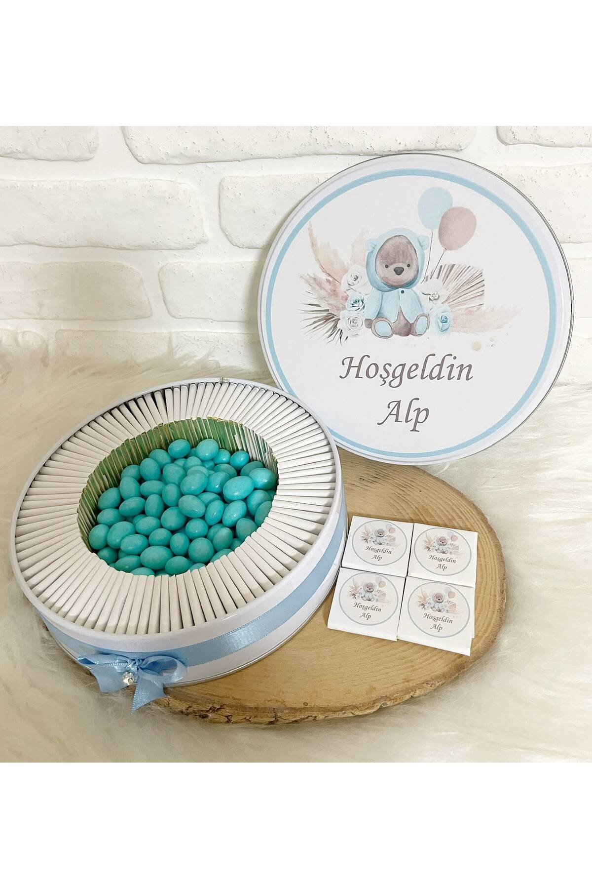 50 Adet+200 Gr Drajeli Çiçekli Ayıcık Temalı İsme Özel Hoşgeldin Erkek Bebek Hediyelik Çikolata