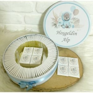 150 Adet Çiçekli Ayıcık Temalı İsme Özel Hoşgeldin Erkek Bebek Hediyelik Çikolata