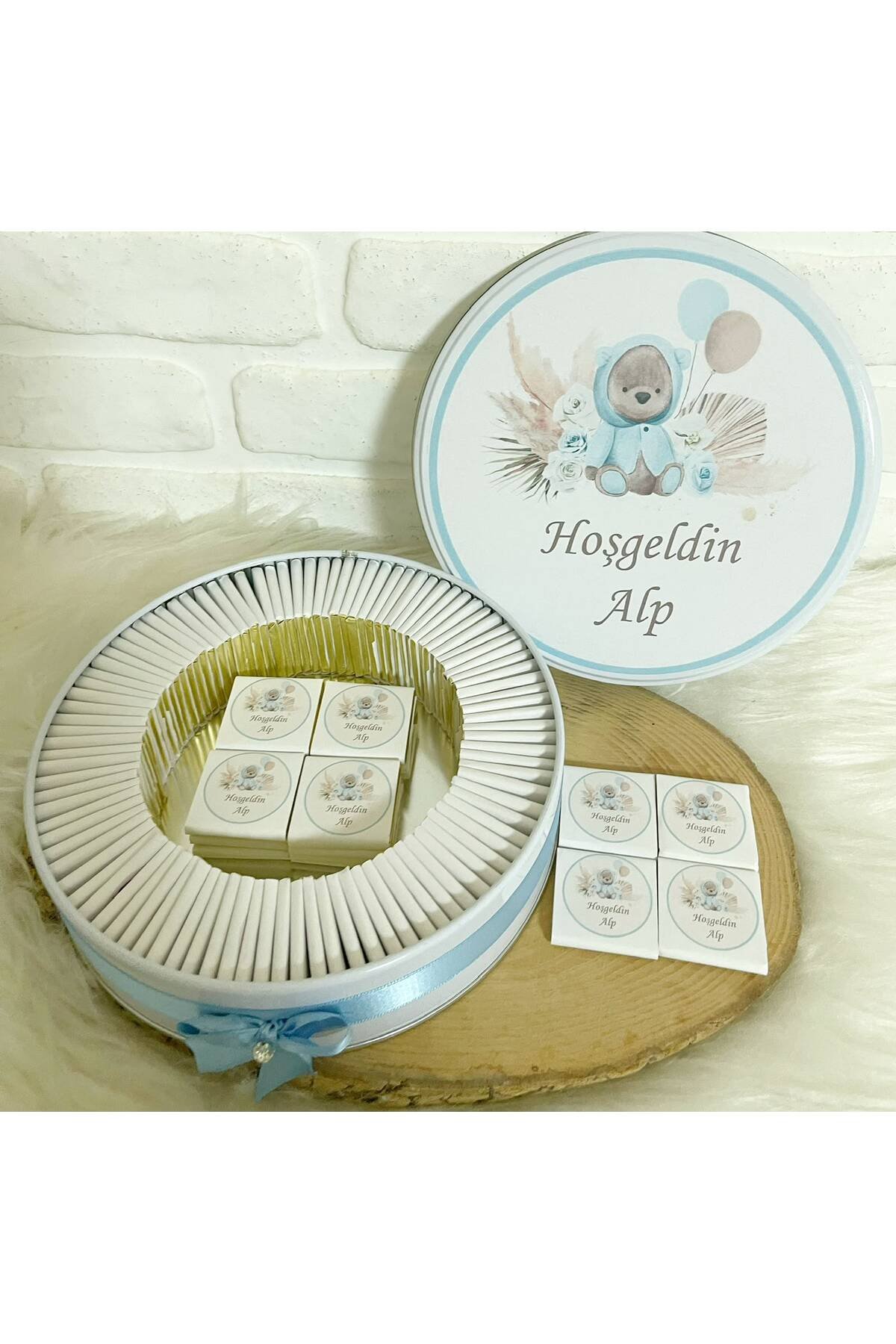 150 Adet Çiçekli Ayıcık Temalı İsme Özel Hoşgeldin Erkek Bebek Hediyelik Çikolata - Görsel 2