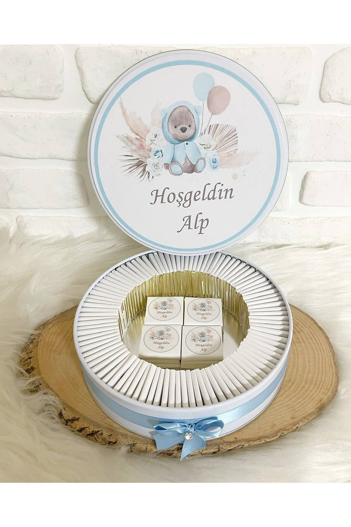 150 Adet Çiçekli Ayıcık Temalı İsme Özel Hoşgeldin Erkek Bebek Hediyelik Çikolata - Görsel 4