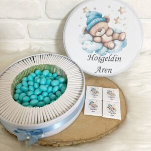100 Adet+200 Gr Drajeli Pofuduk Bulutta Uyuyan Ayıcık Temalı İsme Özel Hoşgeldin Erkek Bebek Hediyelik Çikolata