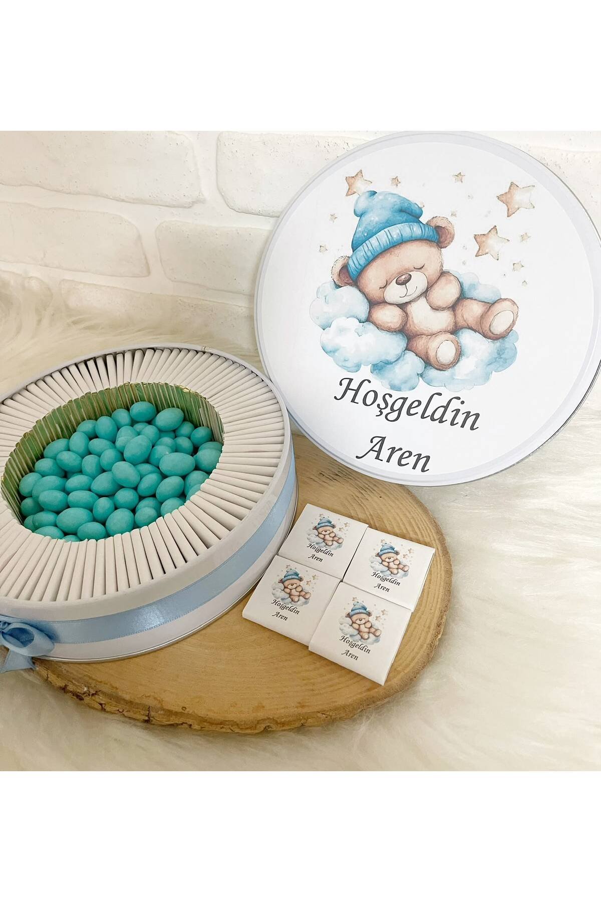 150 Adet+200 Gr Drajeli Pofuduk Bulutta Uyuyan Ayıcık Temalı İsme Özel Hoşgeldin Erkek Bebek Hediyelik Çikolata