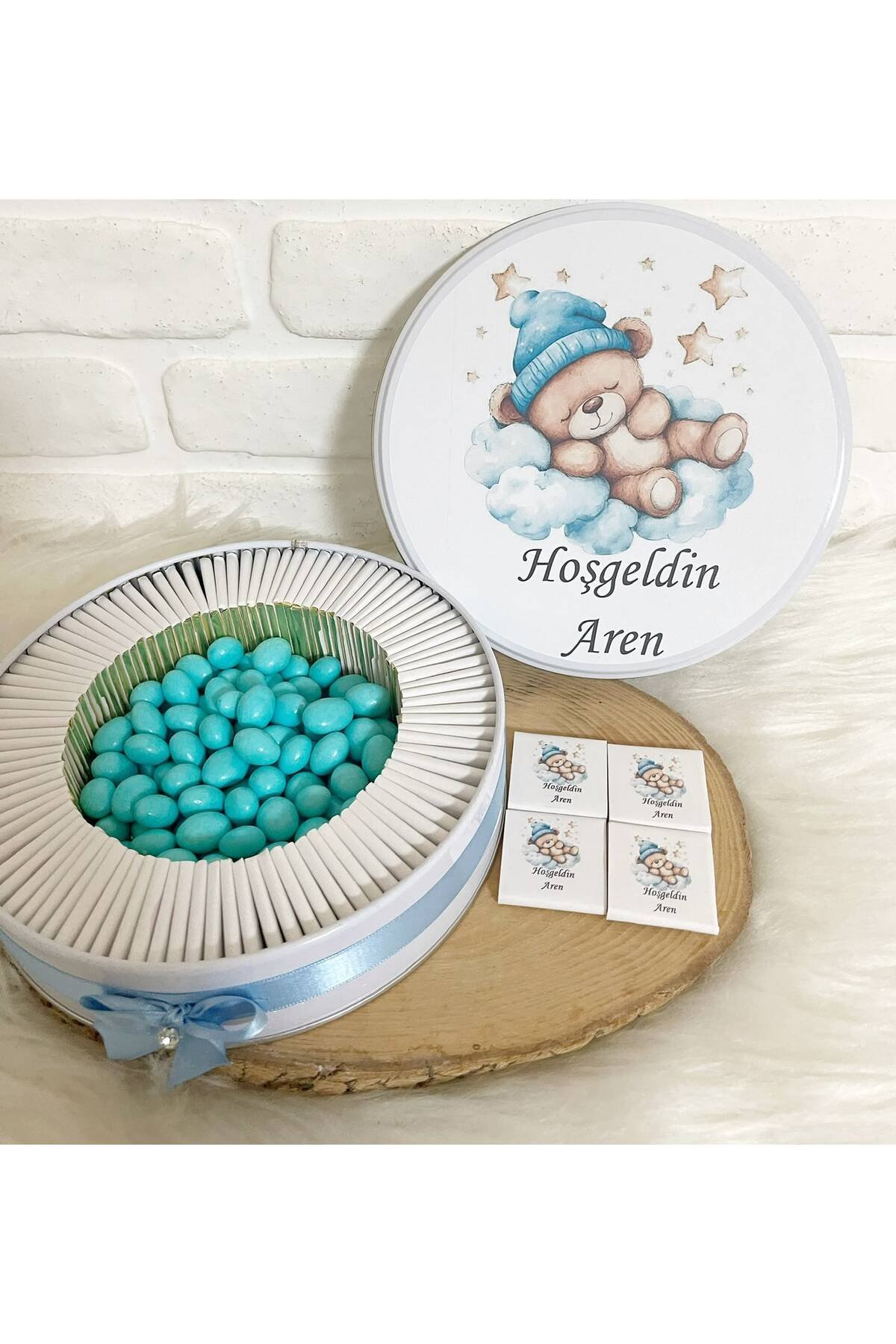 150 Adet+200 Gr Drajeli Pofuduk Bulutta Uyuyan Ayıcık Temalı İsme Özel Hoşgeldin Erkek Bebek Hediyelik Çikolata - Görsel 2