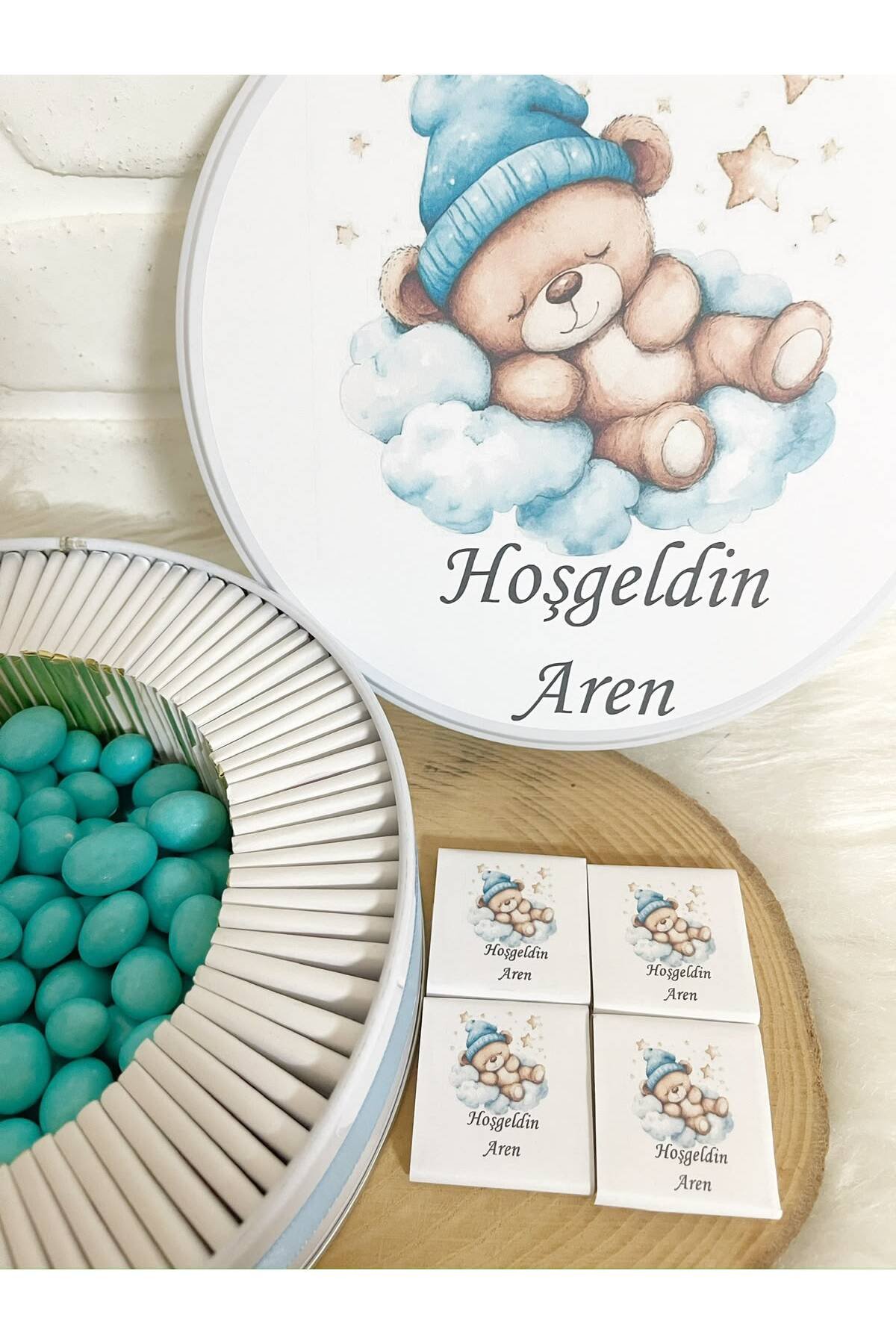150 Adet+200 Gr Drajeli Pofuduk Bulutta Uyuyan Ayıcık Temalı İsme Özel Hoşgeldin Erkek Bebek Hediyelik Çikolata - Görsel 3