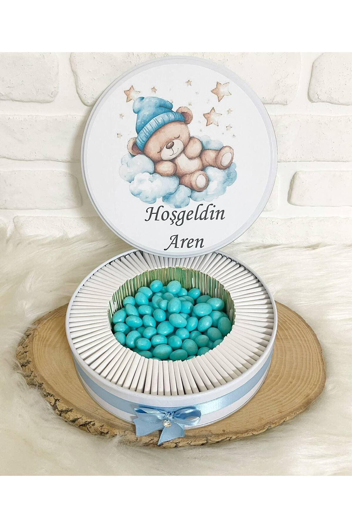 150 Adet+200 Gr Drajeli Pofuduk Bulutta Uyuyan Ayıcık Temalı İsme Özel Hoşgeldin Erkek Bebek Hediyelik Çikolata - Görsel 4