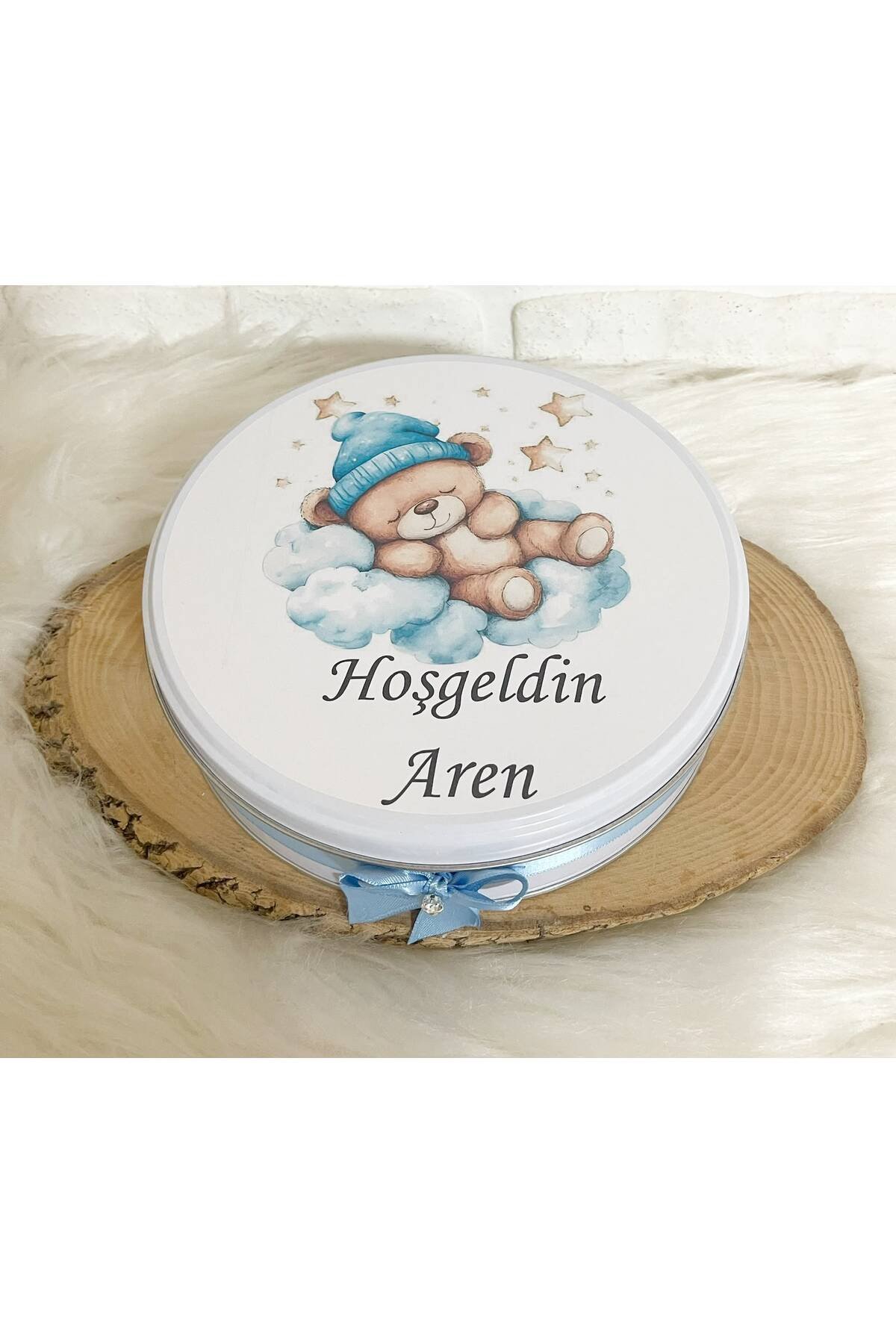 150 Adet+200 Gr Drajeli Pofuduk Bulutta Uyuyan Ayıcık Temalı İsme Özel Hoşgeldin Erkek Bebek Hediyelik Çikolata - Görsel 5