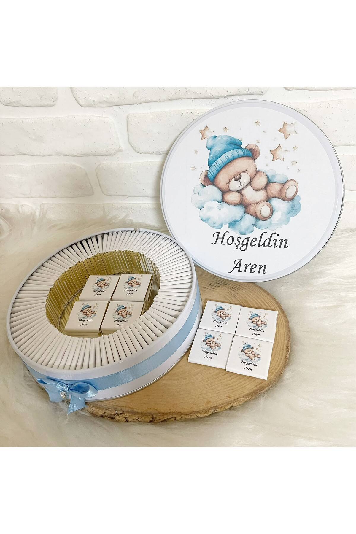 200 Adet Pofuduk Bulutta Uyuyan Ayıcık Temalı İsme Özel Hoşgeldin Erkek Bebek Hediyelik Çikolata