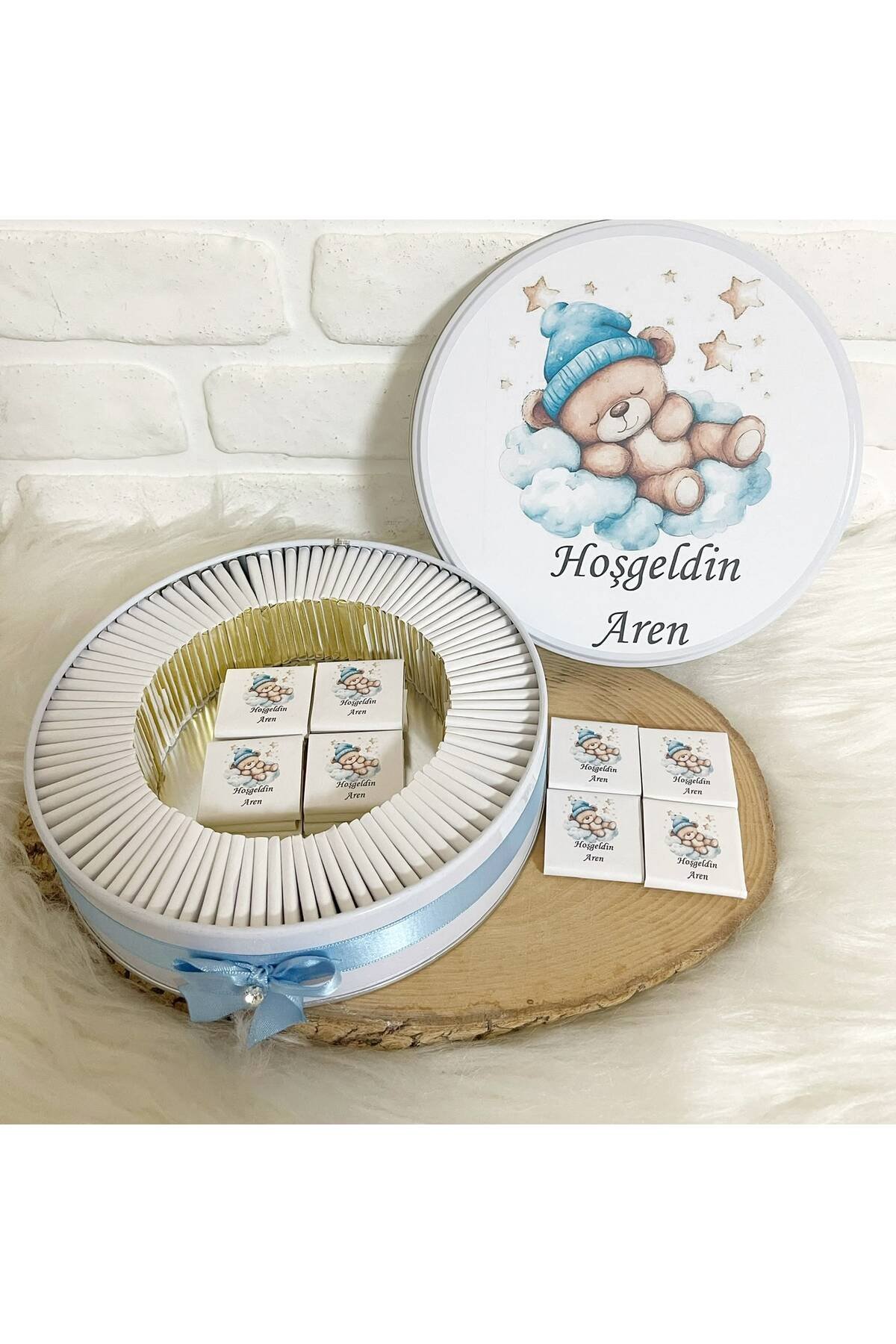 200 Adet Pofuduk Bulutta Uyuyan Ayıcık Temalı İsme Özel Hoşgeldin Erkek Bebek Hediyelik Çikolata - Görsel 2