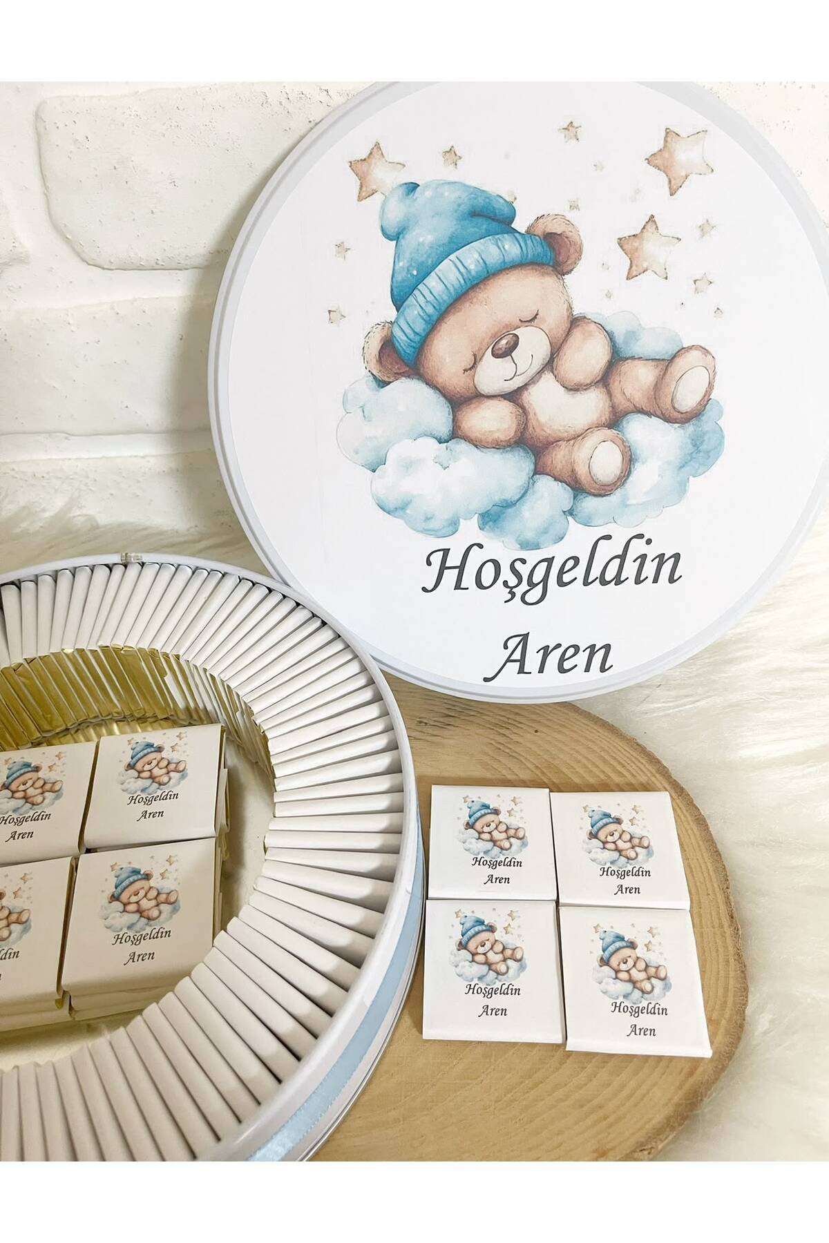 200 Adet Pofuduk Bulutta Uyuyan Ayıcık Temalı İsme Özel Hoşgeldin Erkek Bebek Hediyelik Çikolata - Görsel 3