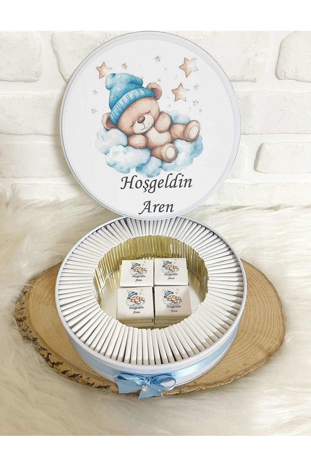 200 Adet Pofuduk Bulutta Uyuyan Ayıcık Temalı İsme Özel Hoşgeldin Erkek Bebek Hediyelik Çikolata - Görsel 4