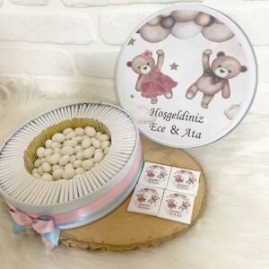 80 Adet+200 gr Drajeli Balon Tutan Ayıcıklı İkiz Bebek Temalı İsme Özel Hoşgeldin Kız-Erkek Bebek Hediyelik Çikolata
