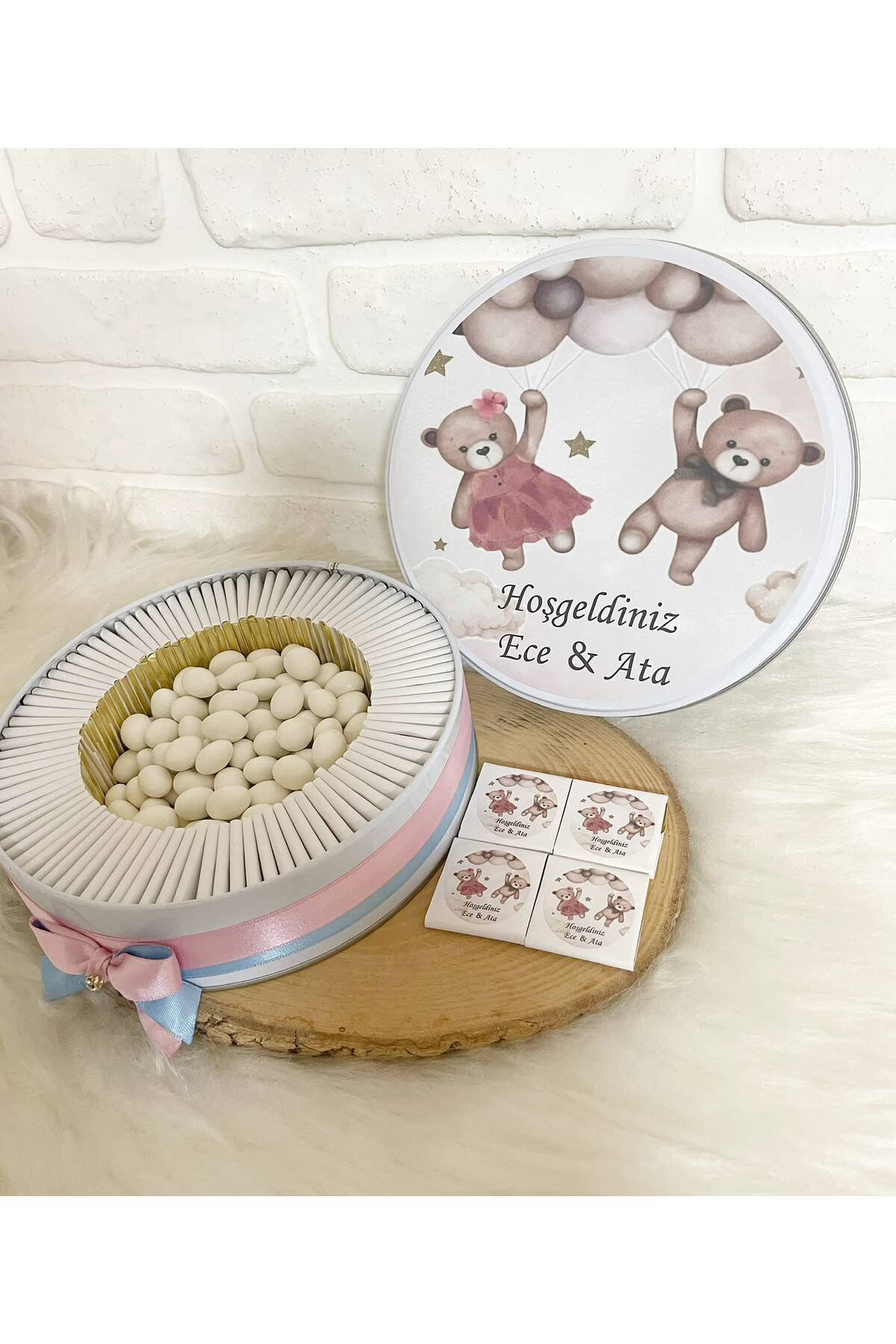100 Adet+200 gr Drajeli Balon Tutan Ayıcıklı İkiz Bebek Temalı İsme Özel Hoşgeldin Kız-Erkek Bebek Hediyelik Çikolata - Görsel 2