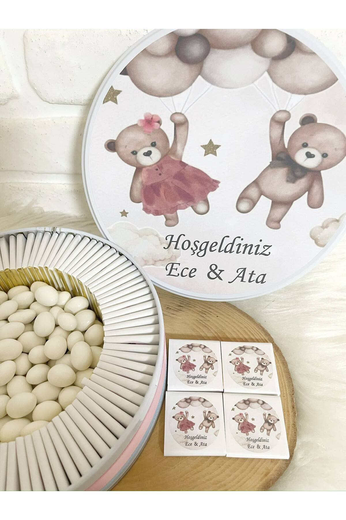 100 Adet+200 gr Drajeli Balon Tutan Ayıcıklı İkiz Bebek Temalı İsme Özel Hoşgeldin Kız-Erkek Bebek Hediyelik Çikolata - Görsel 3