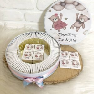 100 Adet Balon Tutan Ayıcıklı İkiz Bebek Temalı İsme Özel Hoşgeldin Kız-Erkek Bebek Hediyelik Çikolata