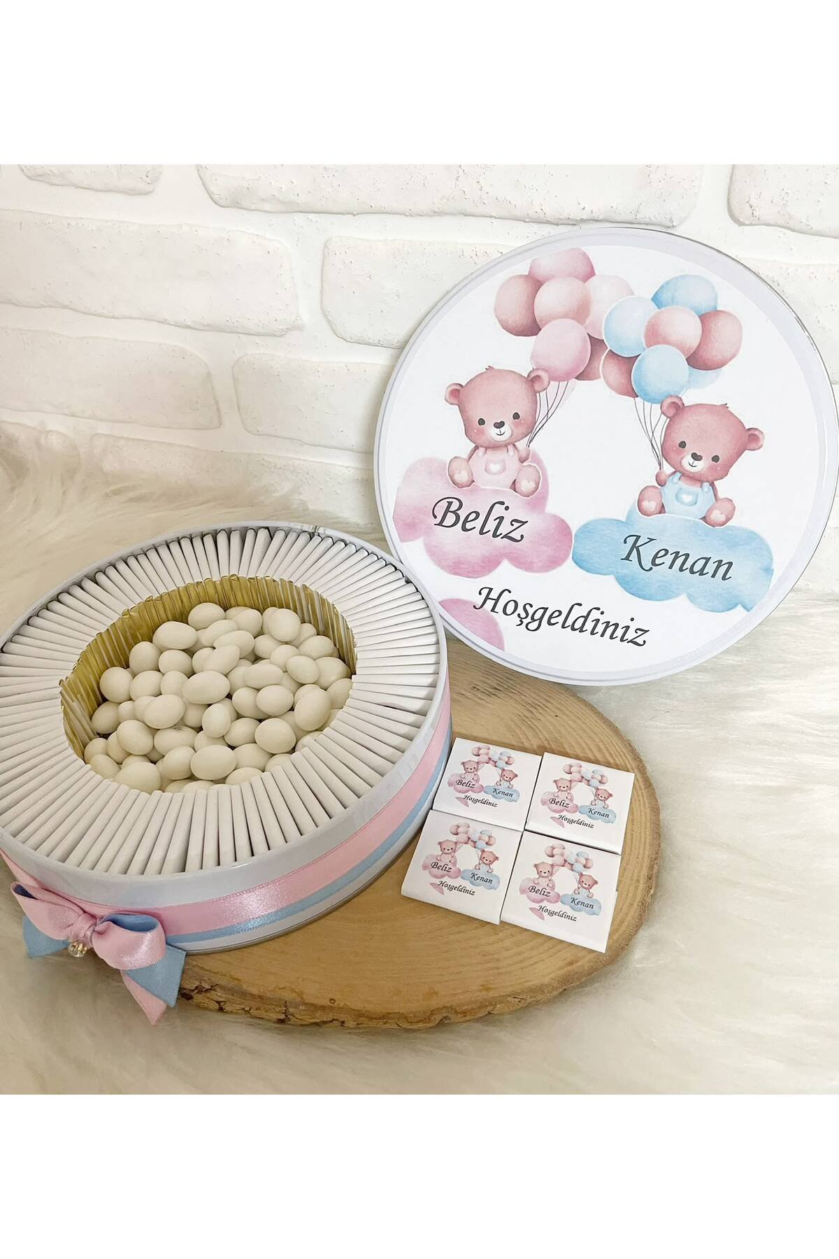 80 Adet+200 gr Drajeli Ayıcıklı İkiz Bebek Temalı İsme Özel Hoşgeldin Kız-Erkek Bebek Hediyelik Çikolata