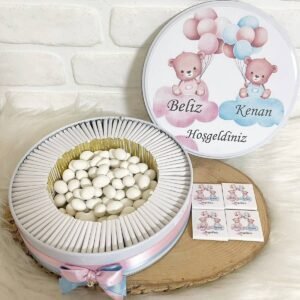 80 Adet+200 gr Drajeli Ayıcıklı İkiz Bebek Temalı İsme Özel Hoşgeldin Kız-Erkek Bebek Hediyelik Çikolata