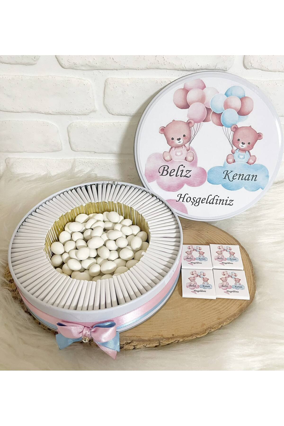 80 Adet+200 gr Drajeli Ayıcıklı İkiz Bebek Temalı İsme Özel Hoşgeldin Kız-Erkek Bebek Hediyelik Çikolata - Görsel 2