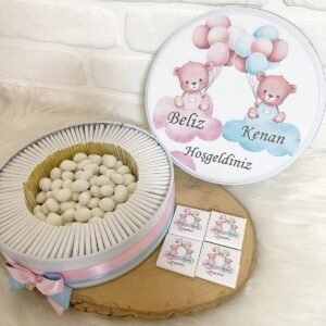 100 Adet+200 gr Drajeli Ayıcıklı İkiz Bebek Temalı İsme Özel Hoşgeldin Kız-Erkek Bebek Hediyelik Çikolata