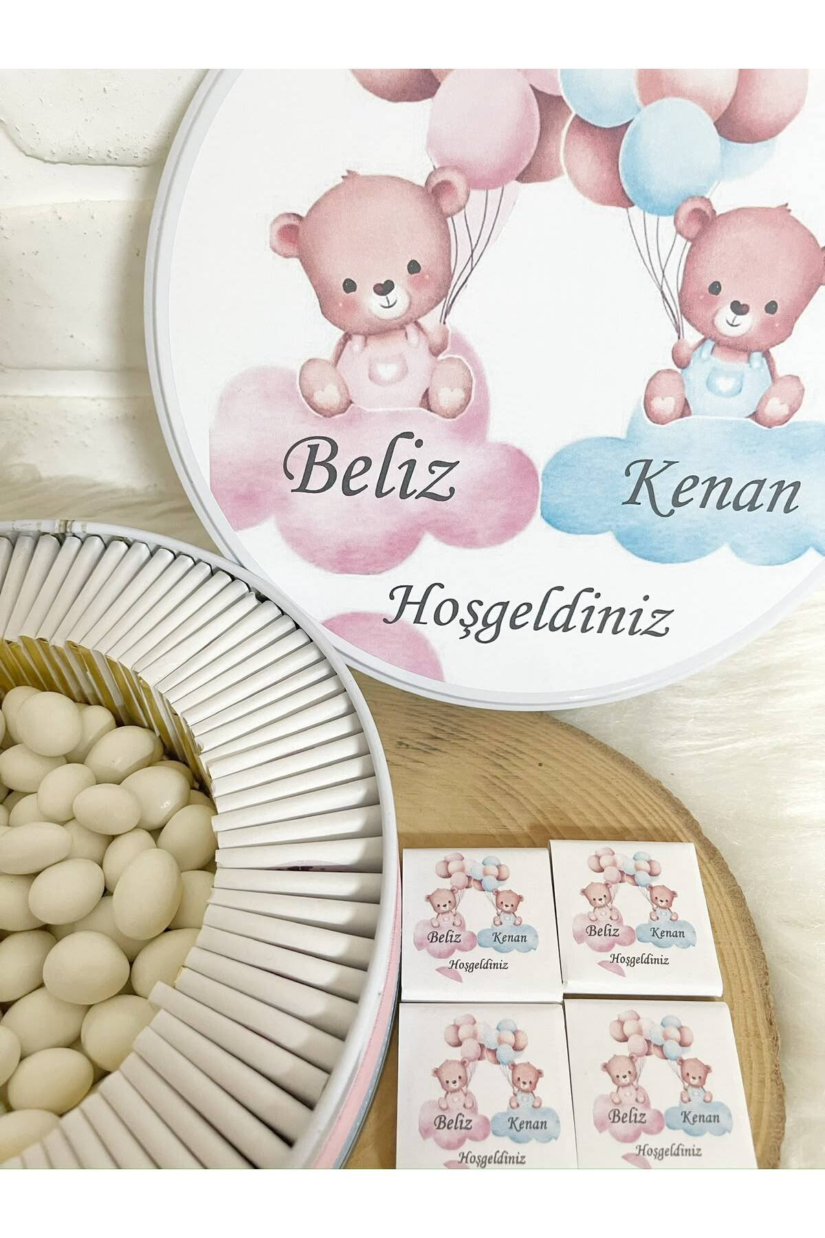 100 Adet+200 gr Drajeli Ayıcıklı İkiz Bebek Temalı İsme Özel Hoşgeldin Kız-Erkek Bebek Hediyelik Çikolata - Görsel 3
