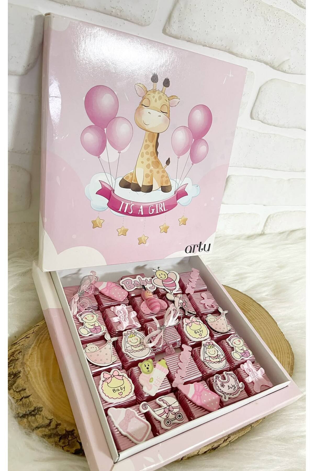 25 Adet Pembe Zürafa Model Kutuda Dekorlu Kız Bebek Hoşgeldin Hediyelik Çikolata - Görsel 2
