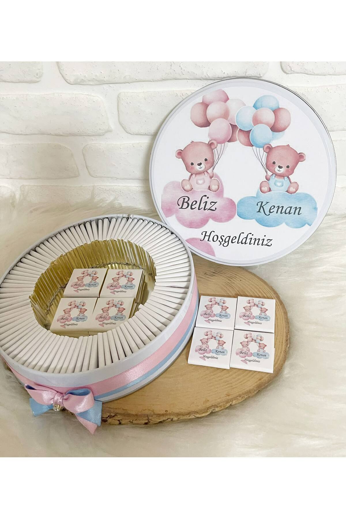 200 Adet Ayıcıklı İkiz Bebek Temalı İsme Özel Hoşgeldin Kız-Erkek Bebek Hediyelik Çikolata
