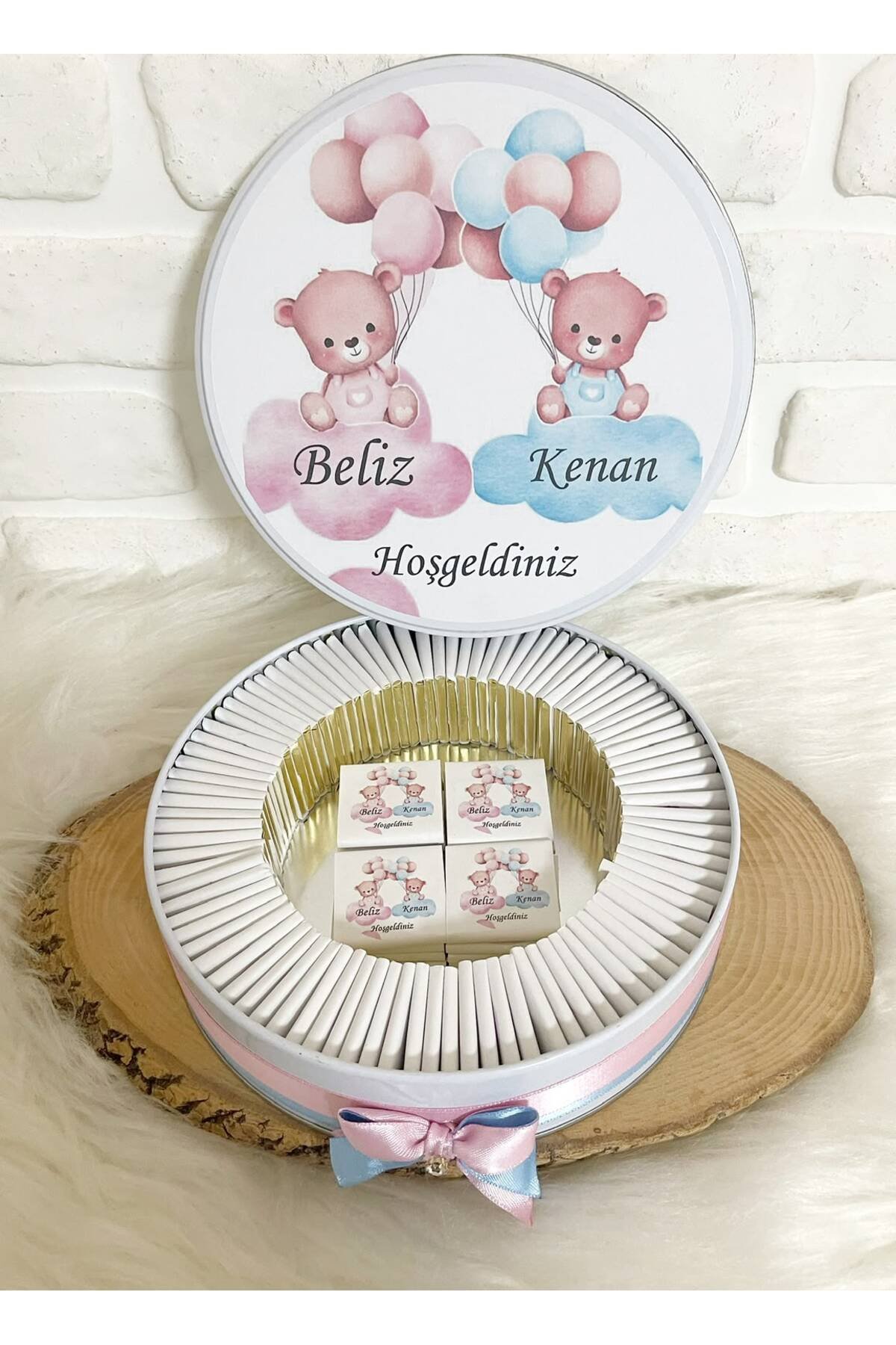 200 Adet Ayıcıklı İkiz Bebek Temalı İsme Özel Hoşgeldin Kız-Erkek Bebek Hediyelik Çikolata - Görsel 4