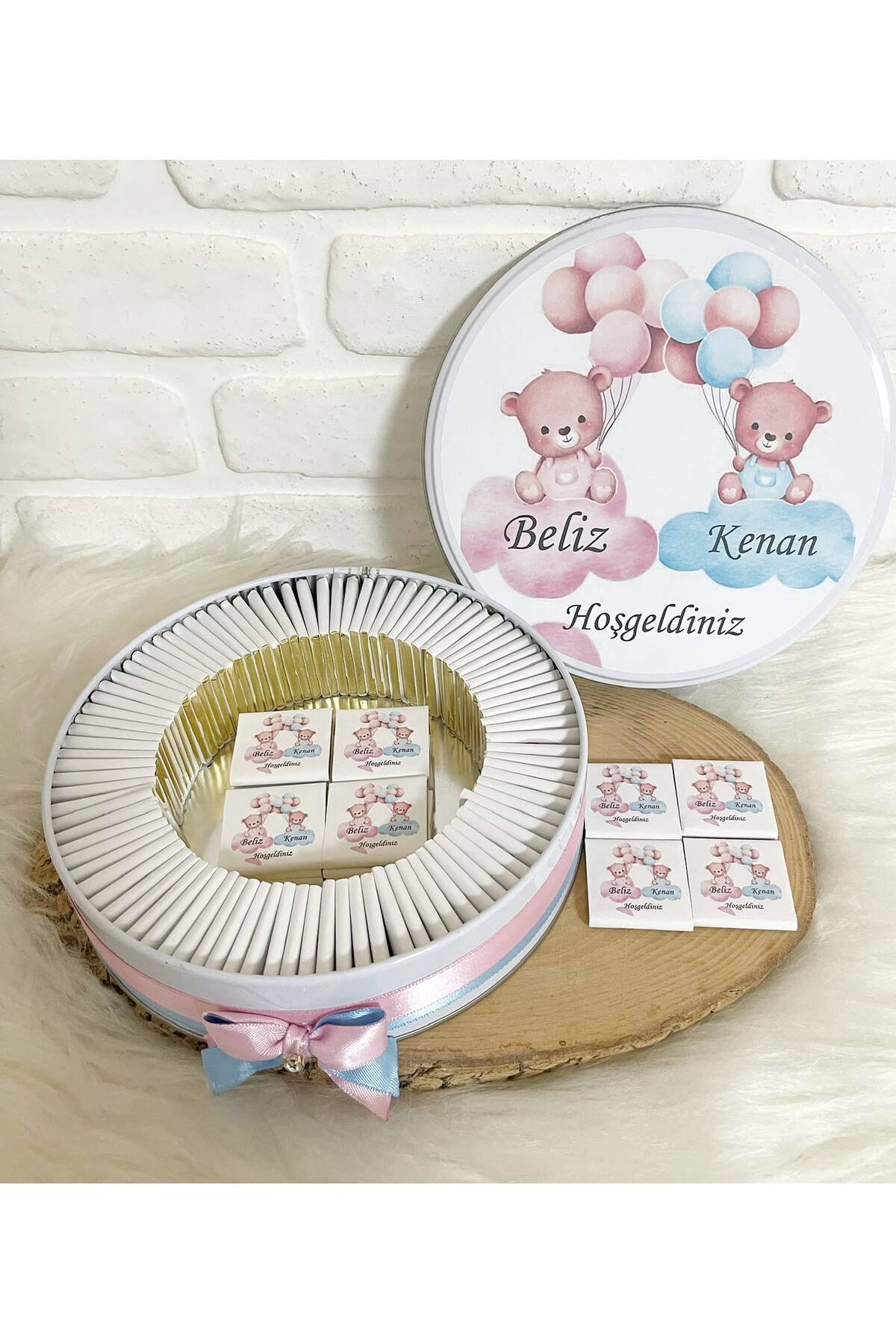 100 Adet Ayıcıklı İkiz Bebek Temalı İsme Özel Hoşgeldin Kız-Erkek Bebek Hediyelik Çikolata - Görsel 2