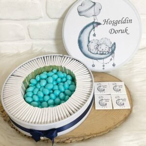 200 Adet+200 Gr Drajeli Ayda Uyuyan Kuzucuk Temalı İsme Özel Hoşgeldin Erkek Bebek Hediyelik Çikolata