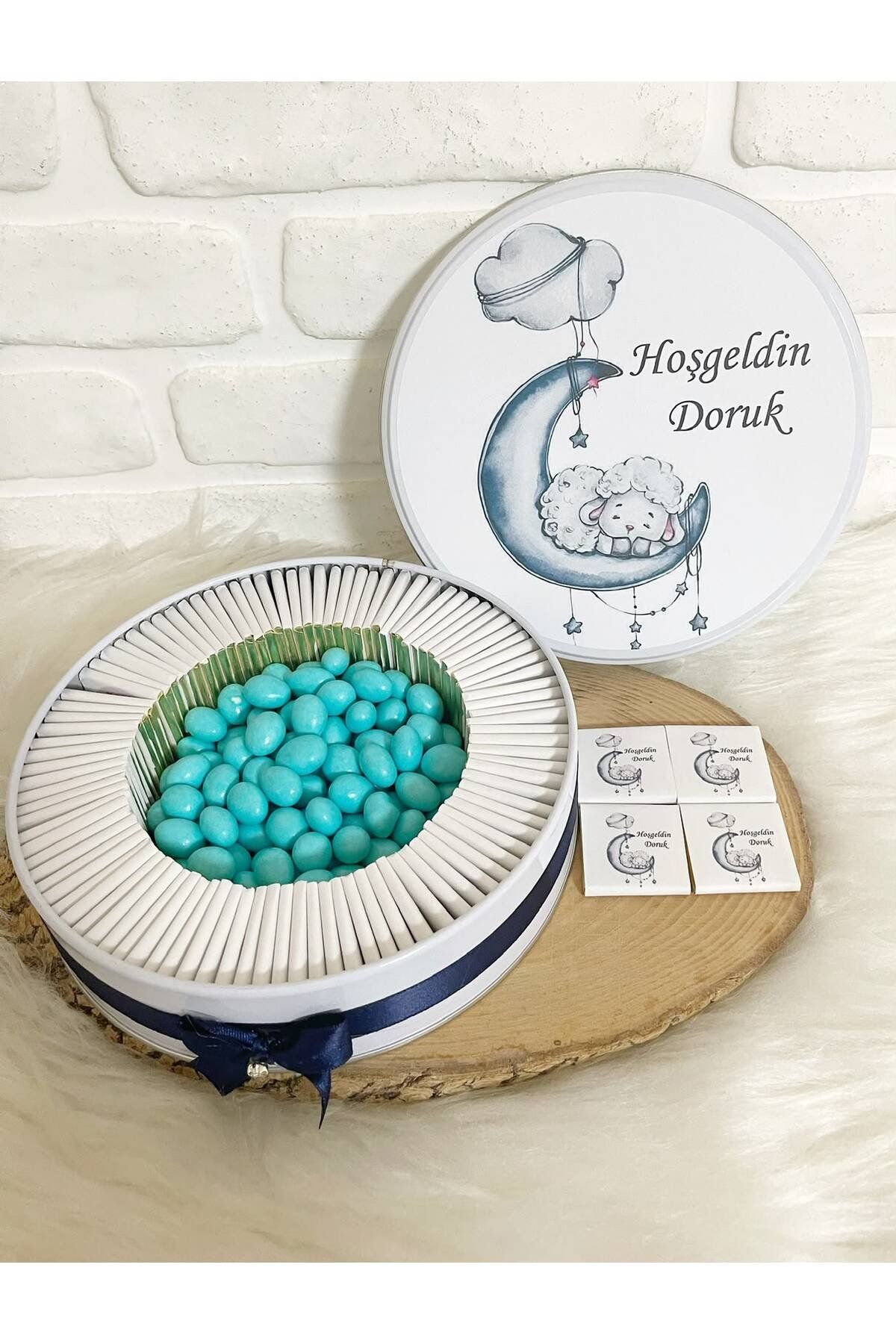 150 Adet+200 Gr Drajeli Ayda Uyuyan Kuzucuk Temalı İsme Özel Hoşgeldin Erkek Bebek Hediyelik Çikolata - Görsel 2