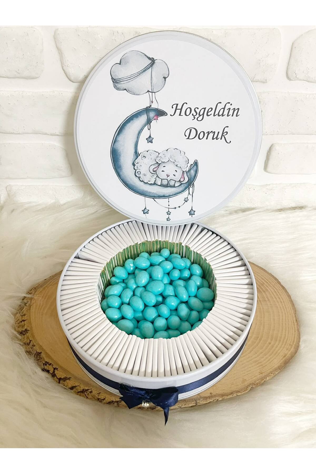 150 Adet+200 Gr Drajeli Ayda Uyuyan Kuzucuk Temalı İsme Özel Hoşgeldin Erkek Bebek Hediyelik Çikolata - Görsel 4