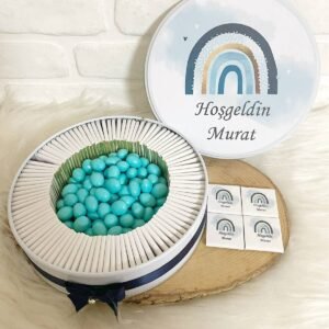 100 Adet+200 Gr Drajeli Mavi Gökkuşağı Temalı İsme Özel Hoşgeldin Erkek Bebek Hediyelik Çikolata