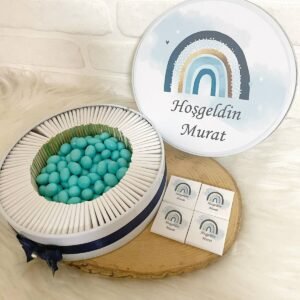 80 Adet+200 Gr Drajeli Mavi Gökkuşağı Temalı İsme Özel Hoşgeldin Erkek Bebek Hediyelik Çikolata