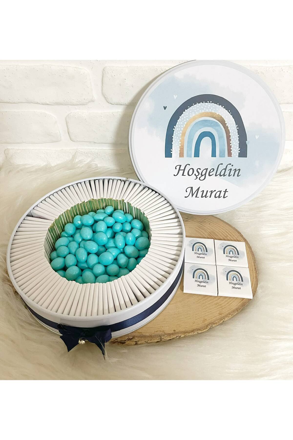 200 Adet+200 Gr Drajeli Mavi Gökkuşağı Temalı İsme Özel Hoşgeldin Erkek Bebek Hediyelik Çikolata