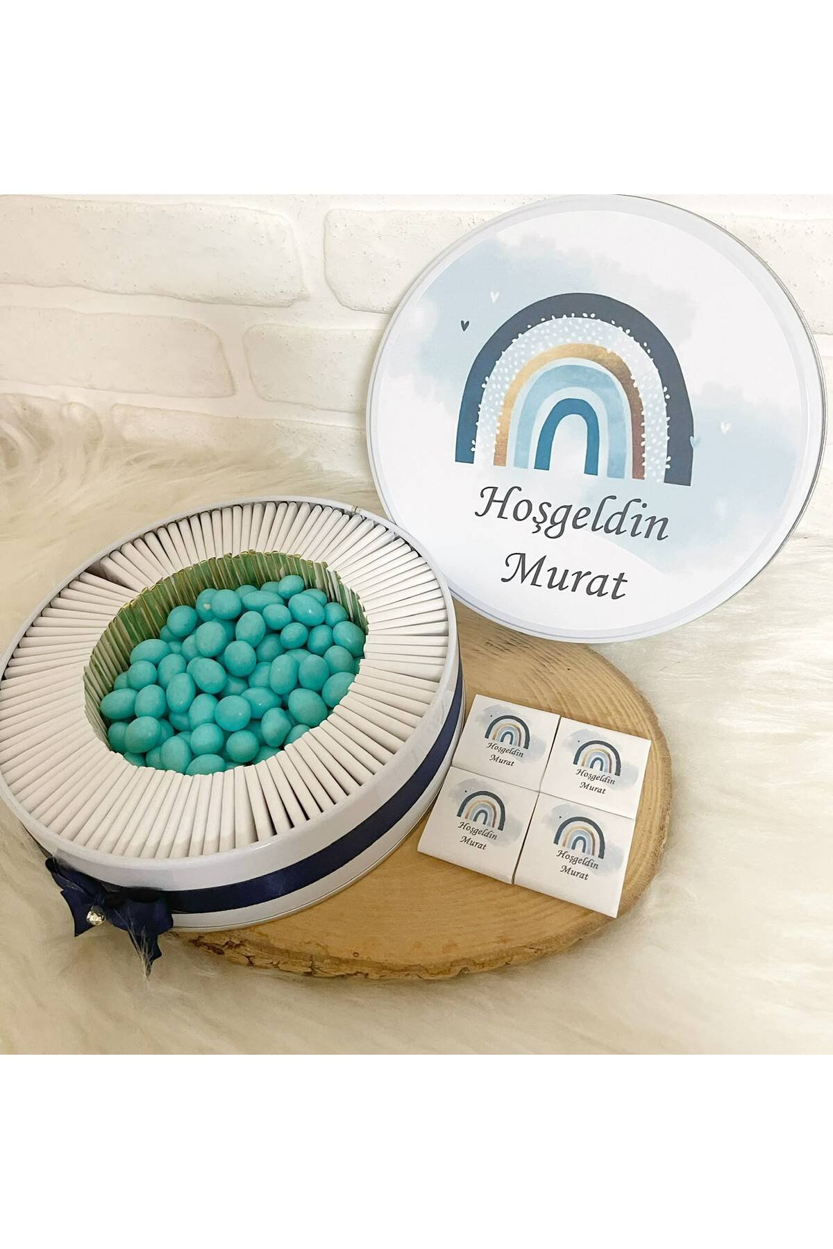 200 Adet+200 Gr Drajeli Mavi Gökkuşağı Temalı İsme Özel Hoşgeldin Erkek Bebek Hediyelik Çikolata - Görsel 2