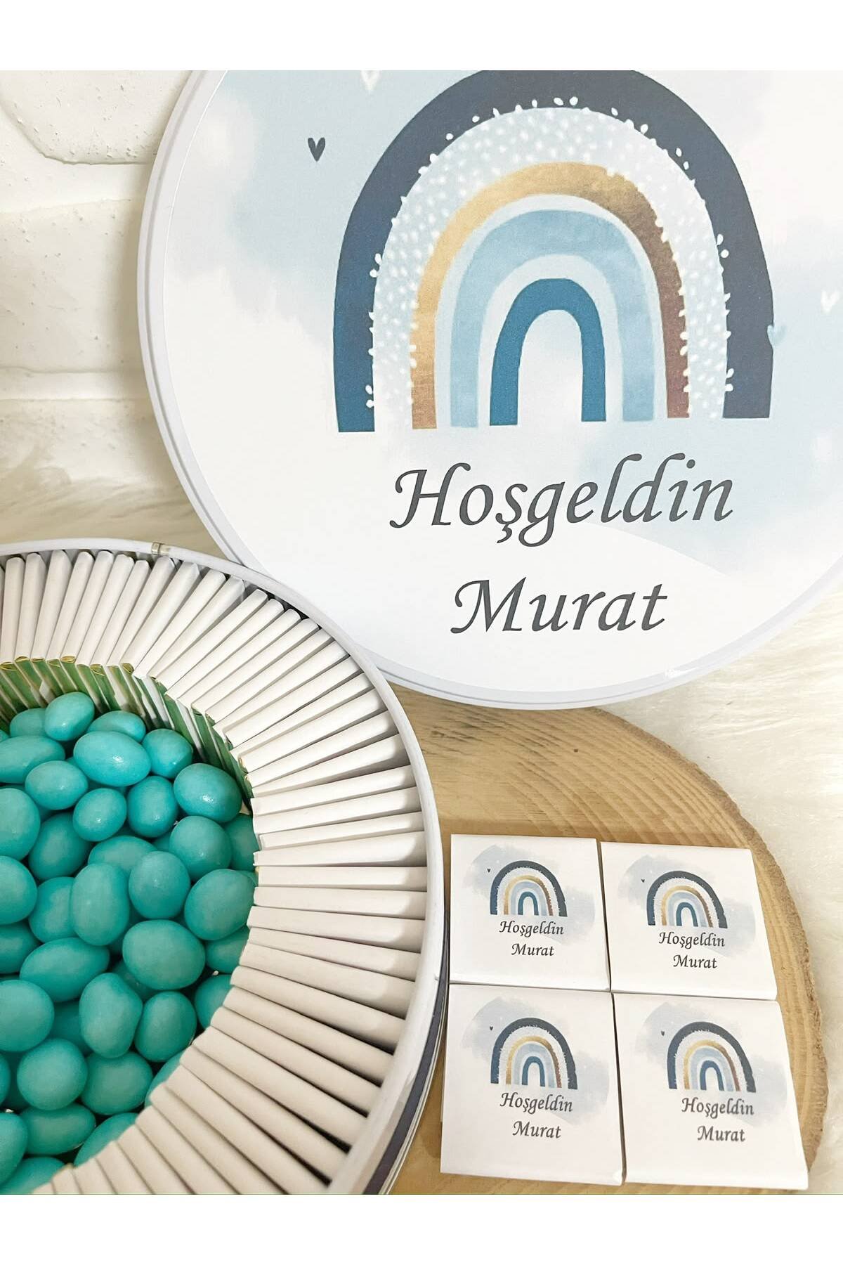 200 Adet+200 Gr Drajeli Mavi Gökkuşağı Temalı İsme Özel Hoşgeldin Erkek Bebek Hediyelik Çikolata - Görsel 3