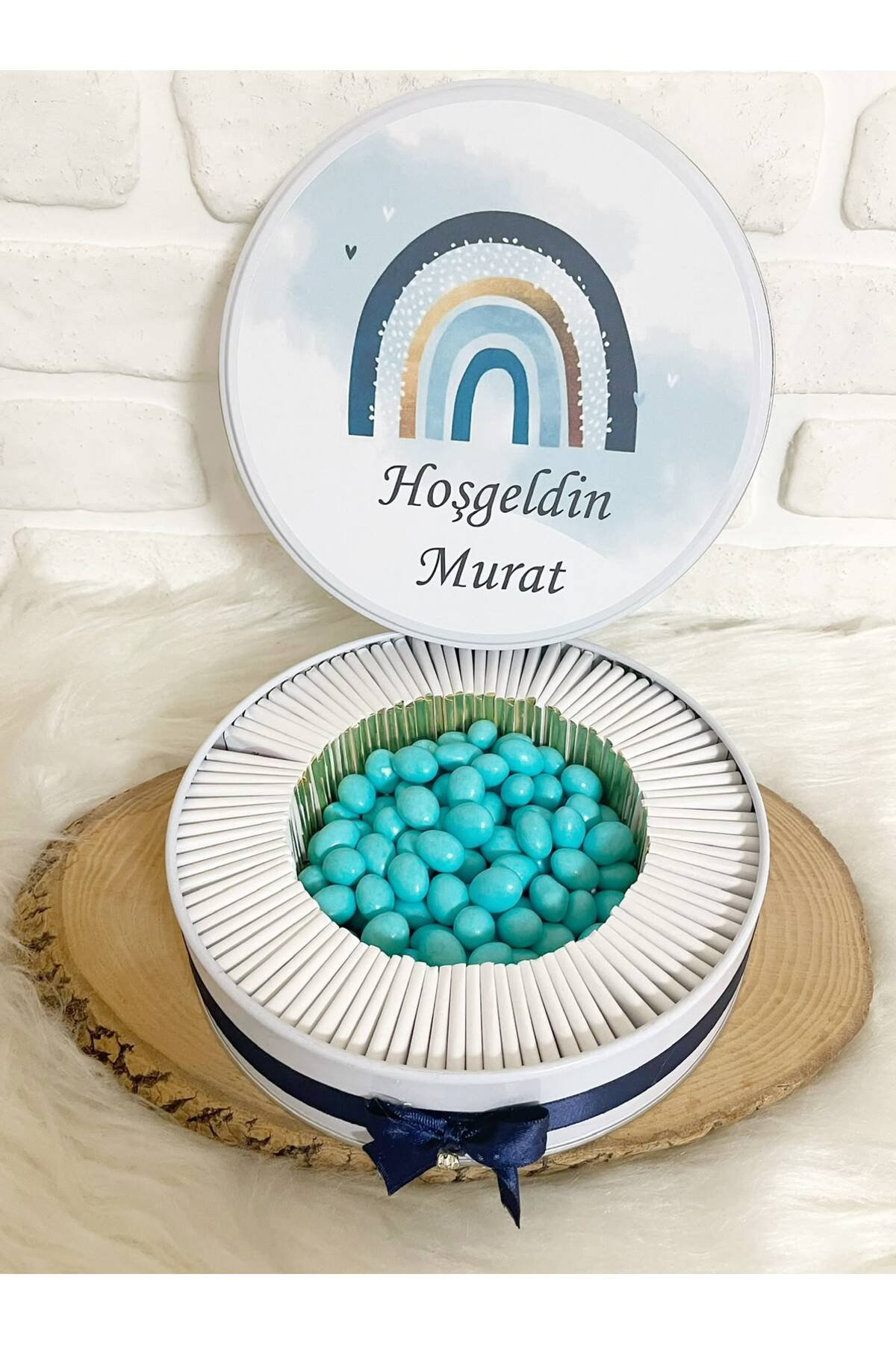 200 Adet+200 Gr Drajeli Mavi Gökkuşağı Temalı İsme Özel Hoşgeldin Erkek Bebek Hediyelik Çikolata - Görsel 4