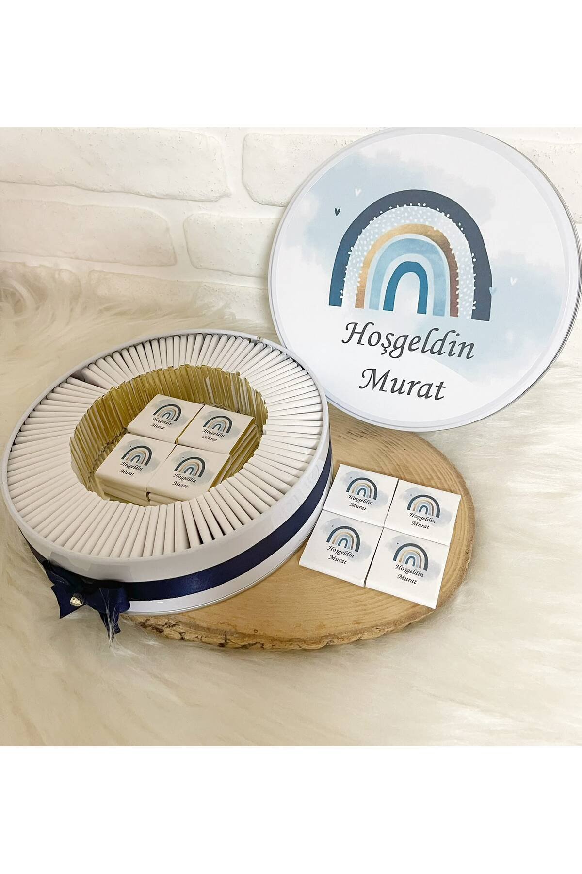 200 Adet Mavi Gökkuşağı Temalı İsme Özel Hoşgeldin Erkek Bebek Hediyelik Çikolata