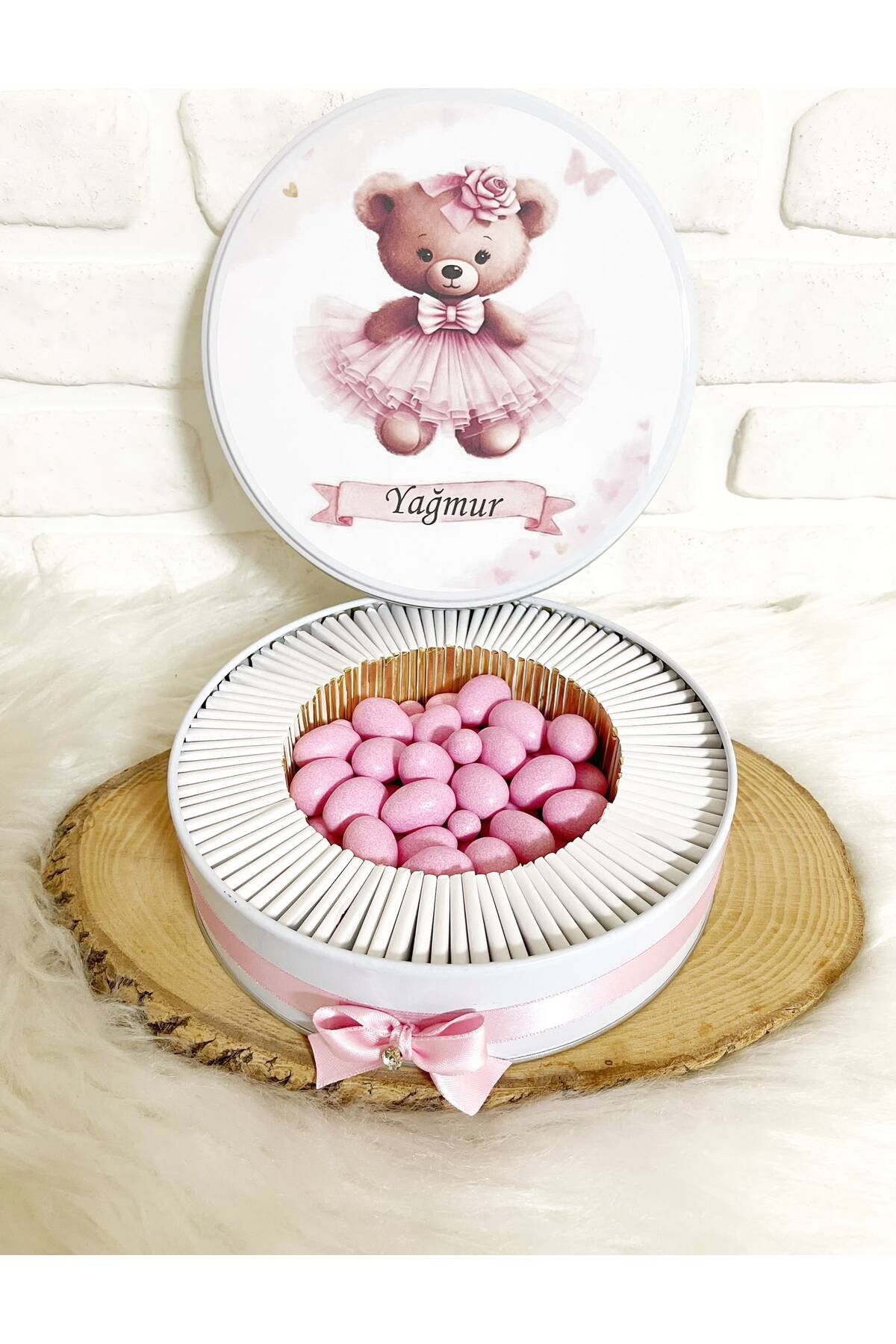 200 Adet+200 Gr Drajeli Pembe Tütülü Ayıcık Temalı İsme Özel Hoşgeldin Kız Bebek Hediyelik Çikolata - Görsel 4