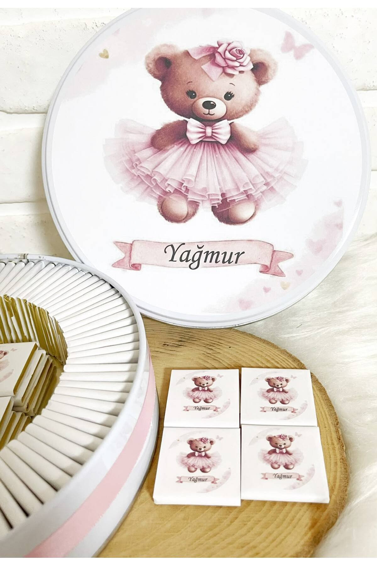 100 Adet Pembe Tütülü Ayıcık Temalı İsme Özel Hoşgeldin Kız Bebek Hediyelik Çikolata - Görsel 3