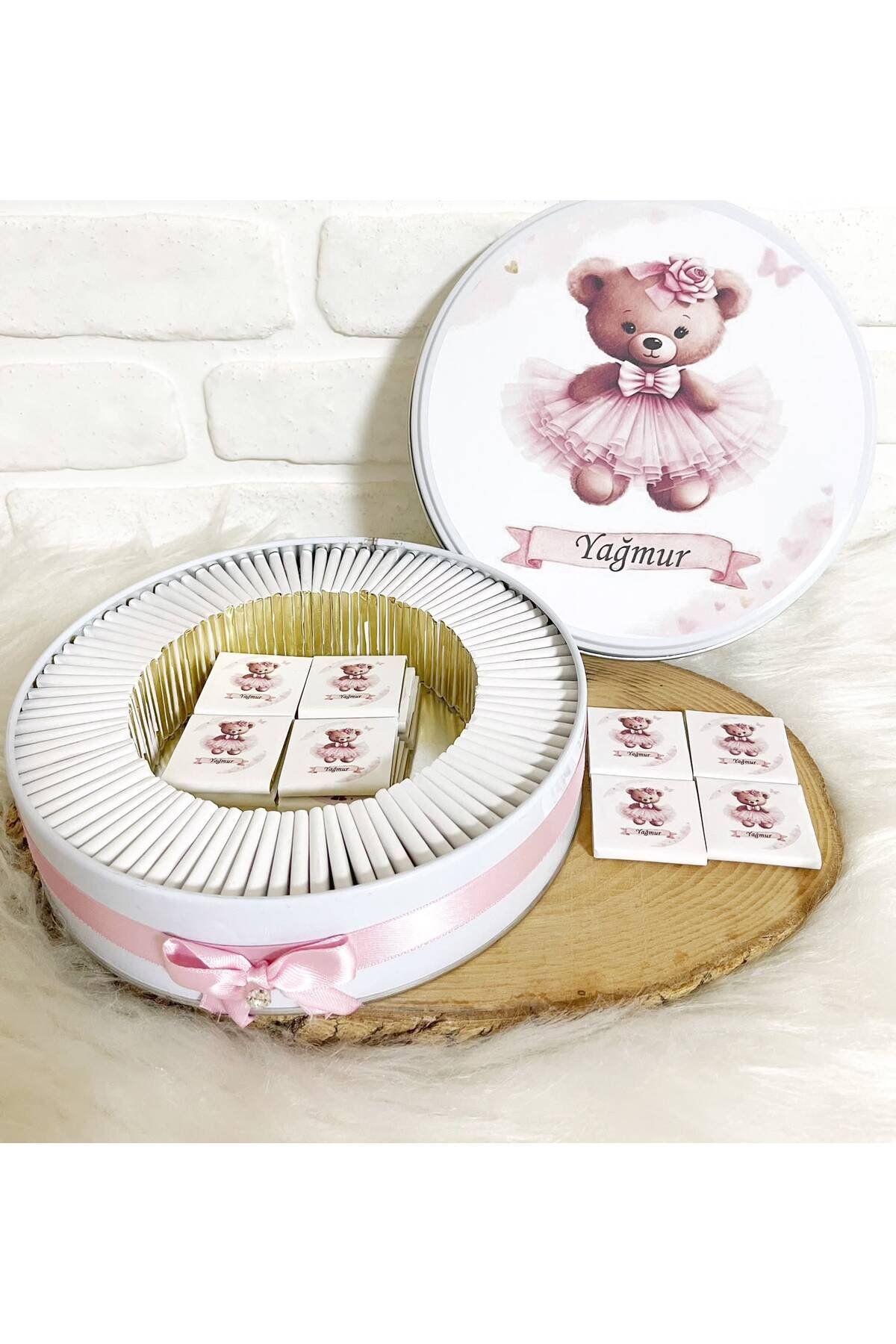 200 Adet Pembe Tütülü Ayıcık Temalı İsme Özel Hoşgeldin Kız Bebek Hediyelik Çikolata - Görsel 2
