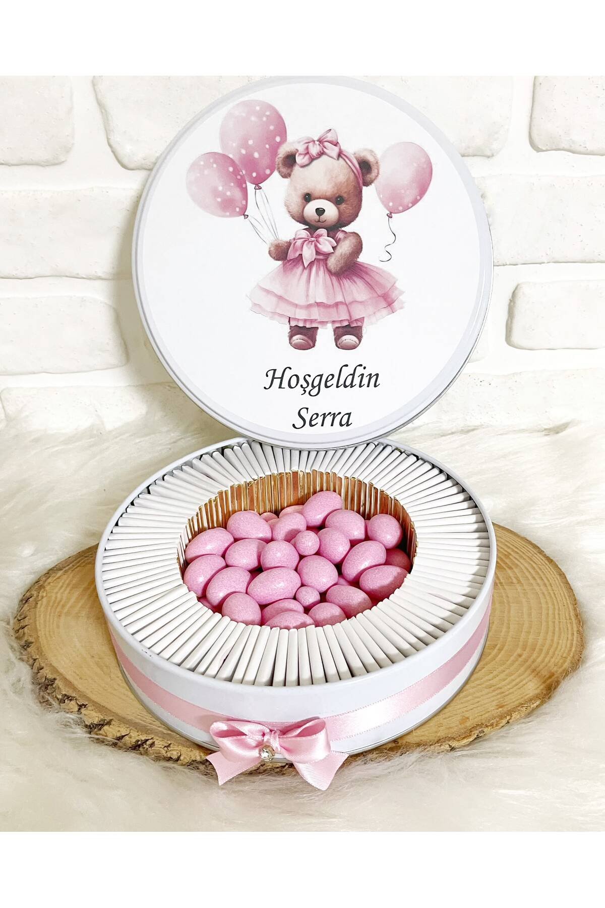 80 Adet+200 Gr Drajeli Balon Tutan Tütülü Ayıcık Temalı İsme Özel Hoşgeldin Kız Bebek Hediyelik Çikolata - Görsel 4